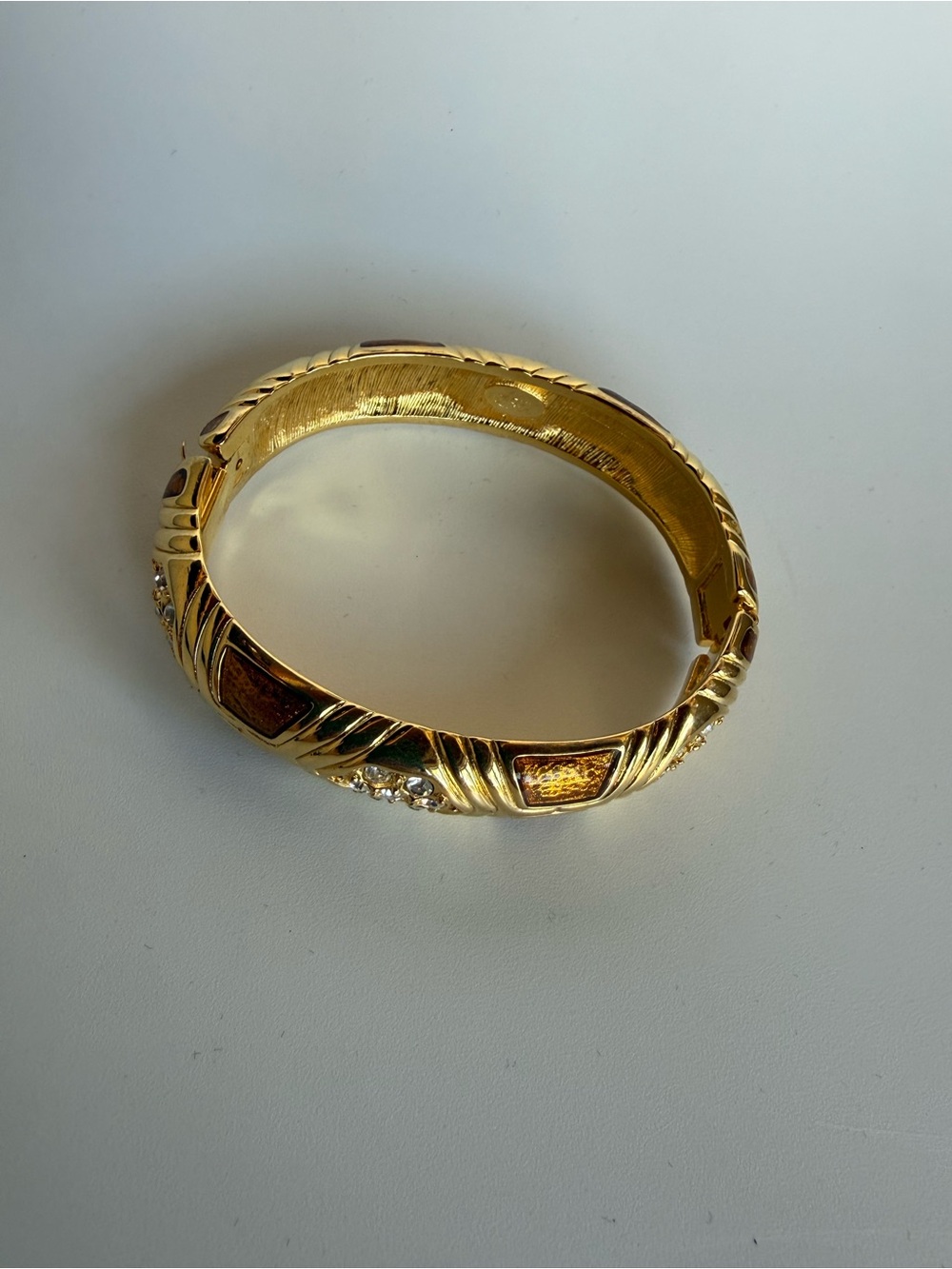 Vintage Joan Rivers Hinged Bangle Bracelet Enamel Rhinestone Gold Tone w/ Box